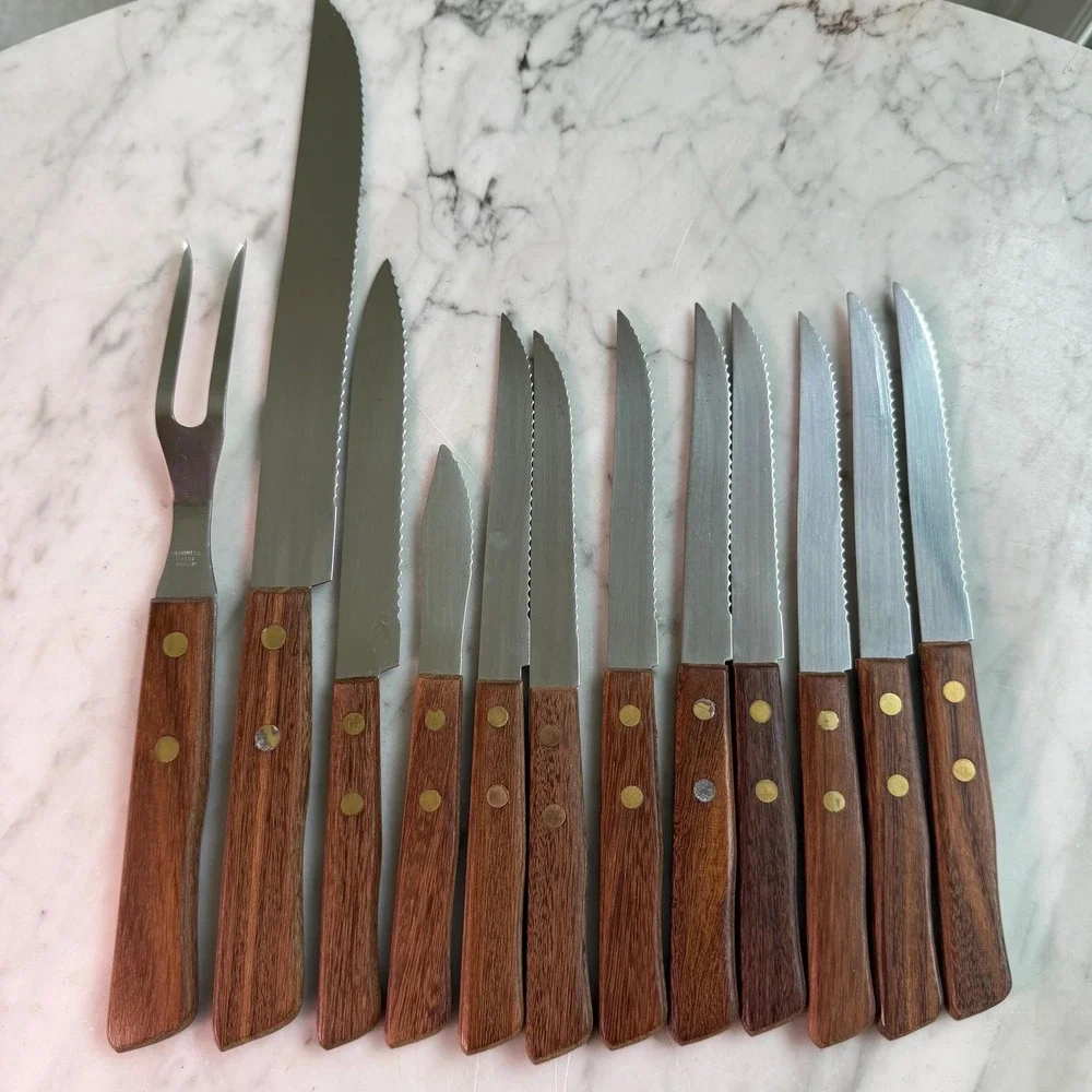 VTG 70s Mid Century Flatware Wood Handle Cutlery Set Japan Carving Knife Fork